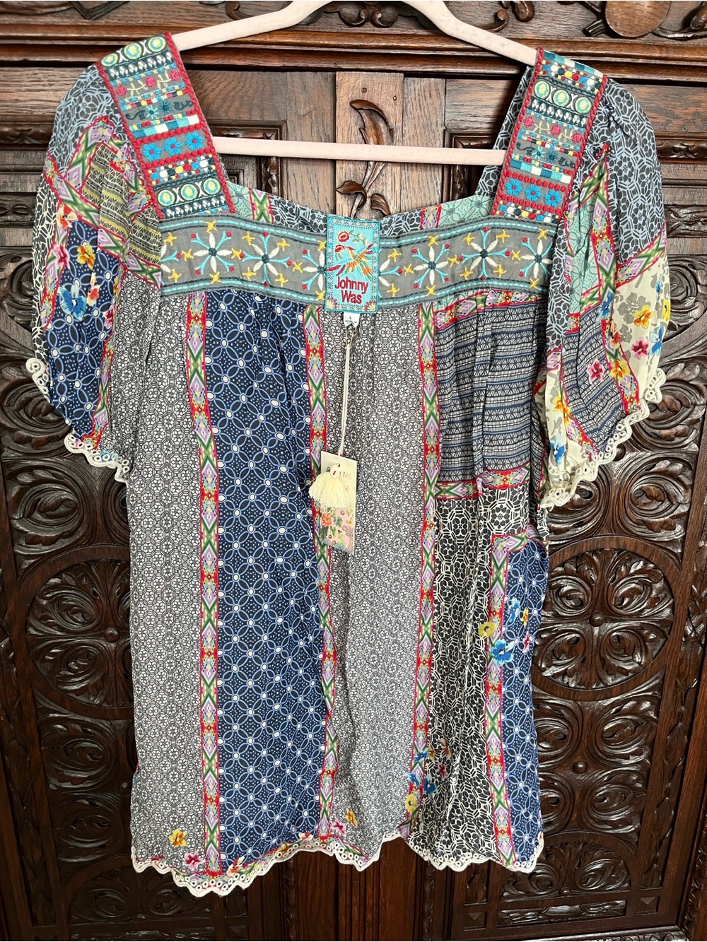 Johnny Was Gray and Navy Patchwork Embroidered Boho Top